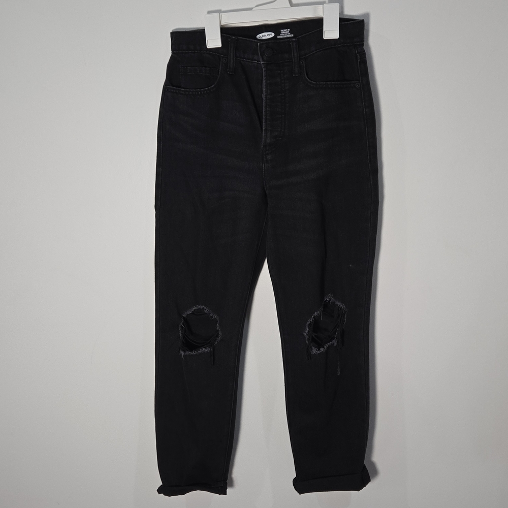 Old Navy Sz 4 Black Extra High Rise Straight Jeans with Knee Rips